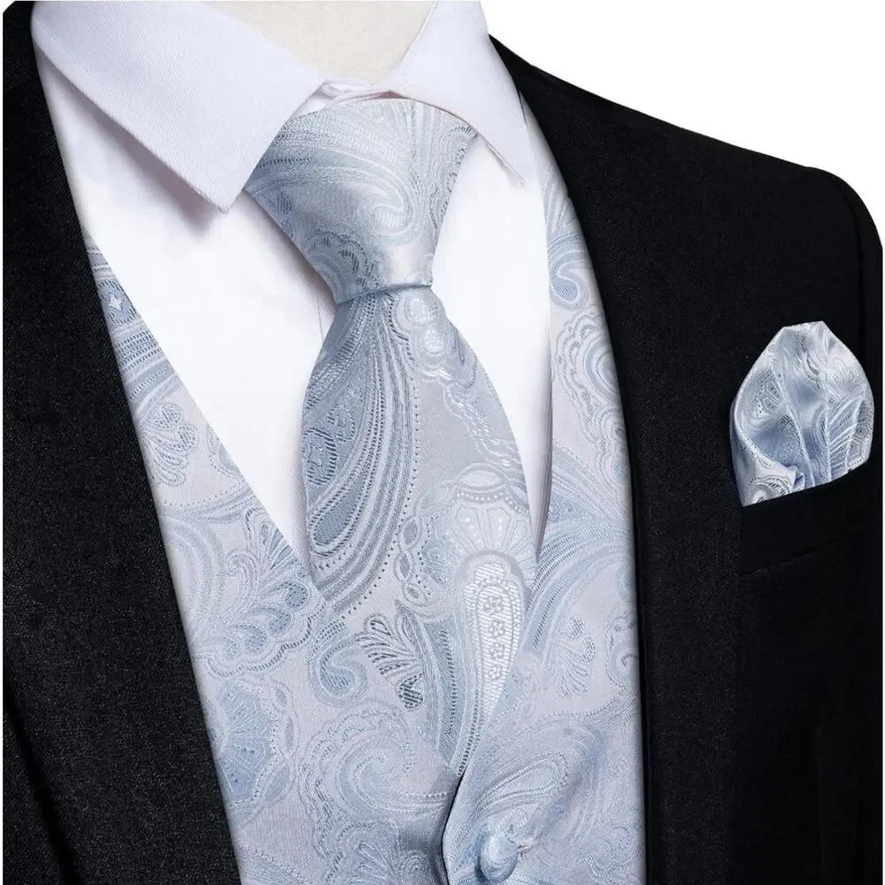 Mens 6 PCS Paisley Silk Vest Tie Set Formal Tuxedo Waistcoat Necktie Blue 3XL